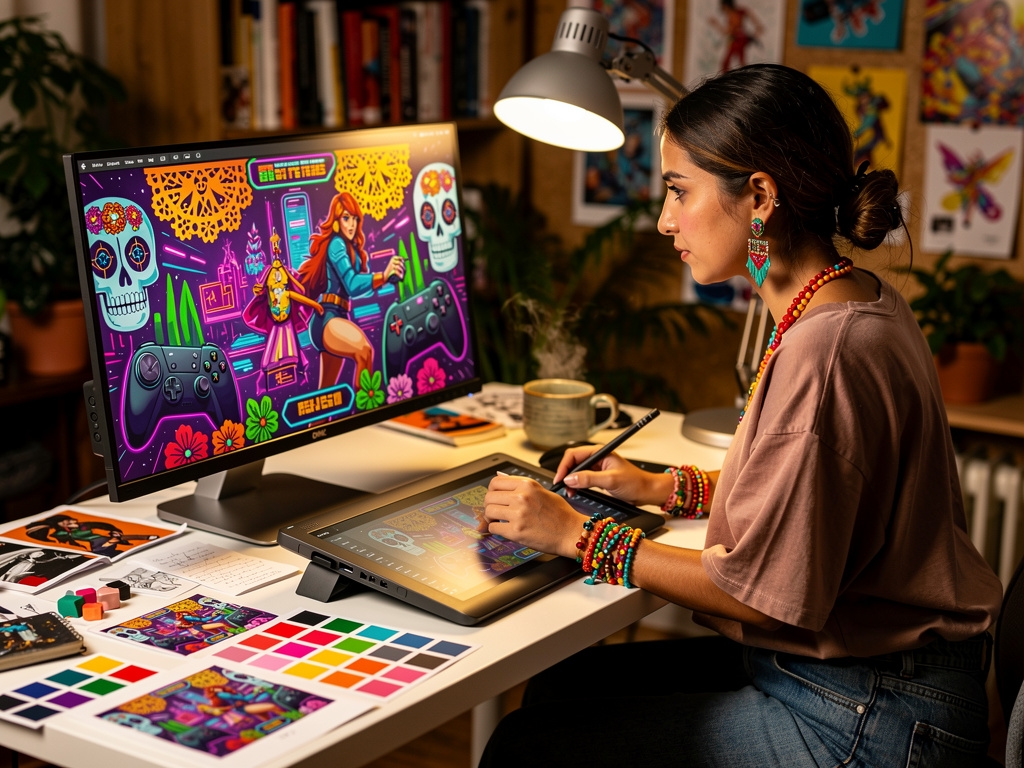 Artista mexicano diseñando merchandise de gaming